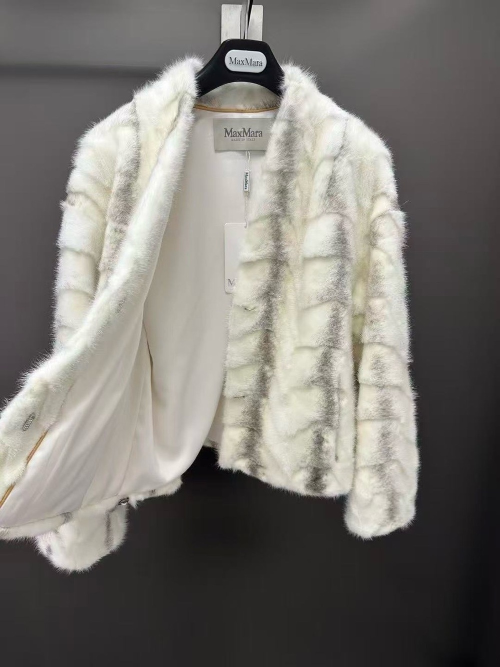 MaxMara Cream and Light Gray Faux Fur Open-Front Jacket